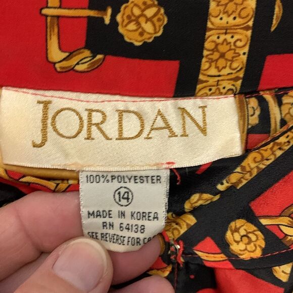 Vintage Jordan Red Gold Black Chain and Belt Print Long Sleeve Blouse Size 14 - Picture 6 of 13